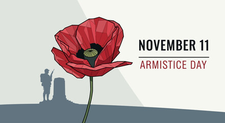 Remembering Armistice Day on November 11 with a symbolic poppy and a soldier's silhouette honoring peace and remembrance, perfect for commemorative designs