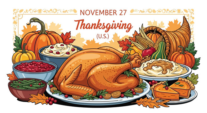 Celebrate Thanksgiving with a bountiful feast illustration featuring a golden turkey, pumpkin pie, and cornucopia, perfect for holiday promotions and family gatherings this season