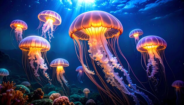 Luminous jellyfish drift in deep blue sea, illuminated from above, coral visible on ocean floor below