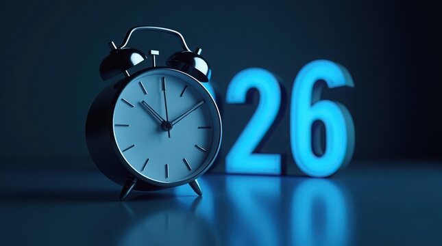 A close up of an alarm clock with the number twenty six in the background on a reflective surface, happy new year of 2026 ,holly day, - Powered by Adobe