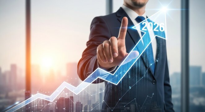 A businessman in a suit pointing to a 2026 graph on a virtual screen. - Powered by Adobe