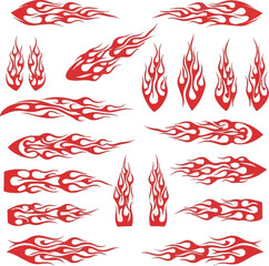 Red silhouette fire flames tattoo, tribal fire vinyl burning stickers for sport car and motorbike. Hotrod muscle car, motorcycle racing graphics on white background