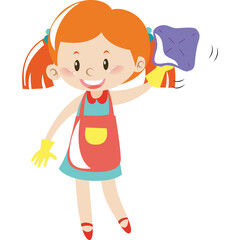 Cheerful Cartoon Girl With Red Hair And Blue Eyes Wears Yellow Gloves And A Red Apron Holding A Purple Cloth For Cleaning In A Bright White Environment
