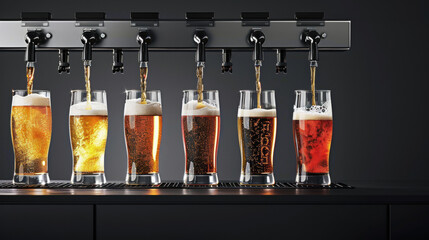 Variety of Craft Beers Being Poured from Tap in a Bar. Six different beers are shown being poured from a tap, showcasing the variety of colors and styles available.