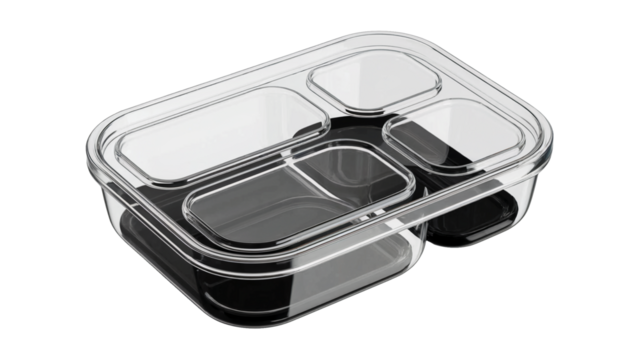 Modern transparent bento box design for healthy meal prep and on-the-go convenience, perfect for stylish, organized eating isolated on white or transparent png.