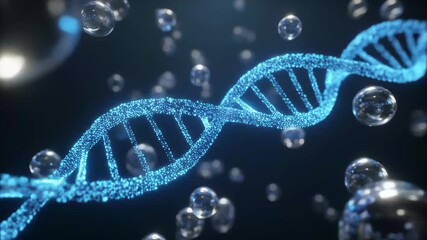 Glowing blue dna helix structure with floating water droplets and particles on a dark background molecule - Powered by Adobe
