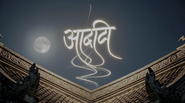 Mystical night scene with glowing Hindi text and full moon over traditional architectural roof edges.