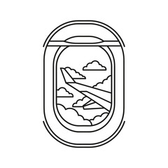 Airplane wing seen through a window with clouds and sky