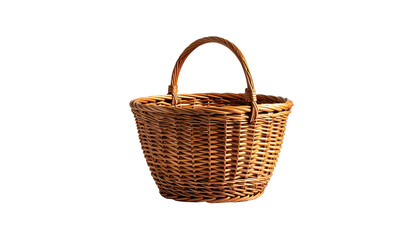 Obraz premium Empty handmade brown wicker picnic basket with a handle, isolated on a white background, is ready to be filled with food