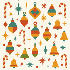 Christmas seamless pattern vector illustration set with holiday decoration icons, bells, tree, gift, and snowman design elements