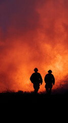 Fototapeta premium Firefighter silhouette wildfire sunset teamwork bravery emergency smoke