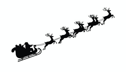 Silhouette of Santa Claus riding in his sleigh being pulled by eight reindeer flying through the air.