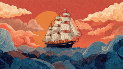 A detailed illustration of a tall ship sailing on wavy seas with a sunset background