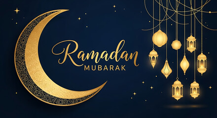 Ramadan mubarak islamic festival celebration greeting background with crescent moon lantern decoration vector illustration template