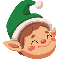 Cheerful Elf Face Wearing Green Hat With White Pom Pom And Trim With Red Nose And Rosy Cheeks On Transparent Background