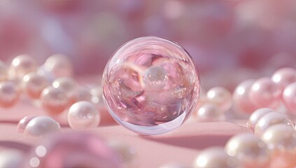 Refracting glass sphere on pink surrounded by pearls with bokeh background