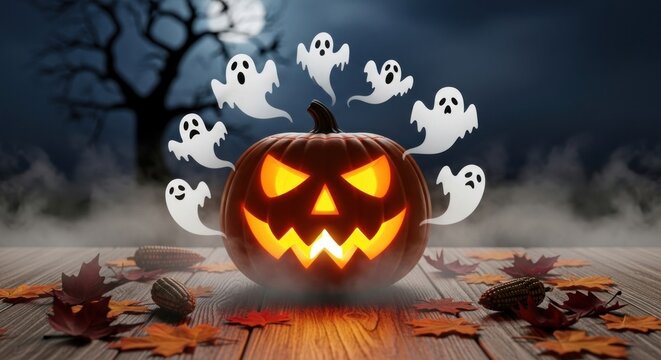 A jack-o'-lantern with ghosts and a spooky tree in the background. - Powered by Adobe