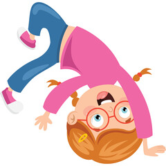 Cheerful Cartoon Young Girl Performing Handstand with Red Glasses and Pink Shirt Upside Down Energetic Fun Activity Joyful Expression Playful Childhood Lifestyle