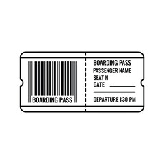 A black and white illustration of a boarding pass with a barcode and flight details