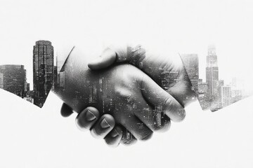 A black and white image of a handshake overlaid with a cityscape