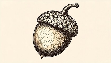 Detailed vintage illustration of an acorn with its cap, rendered in a classic engraving style
