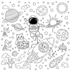 Astronaut in space with planets rocket ship and cartoon characters black and white