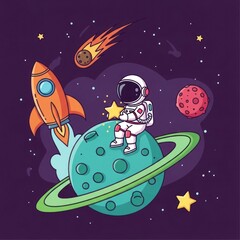 Fototapeta premium Astronaut on planet with rocket and space elements against dark purple background