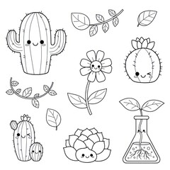 Black and white cartoon illustrations of various plants and cacti elements