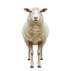Frontal portrait of a white sheep, showcasing its woolly coat, against a transparent setting