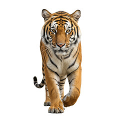 Obraz premium Majestic Bengal Tiger Portrait: Striking Feline on Isolated Transparent Canvas Strolling Forward