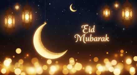 Eid Mubarak Celebration with Glowing Lanterns and Crescent Moon against Night Sky Backdrop Perfect for Festive Greetings and Wishes Design 150chr