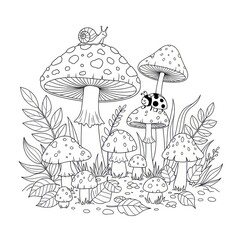 Black and white illustration of mushrooms and creatures in a forest scene