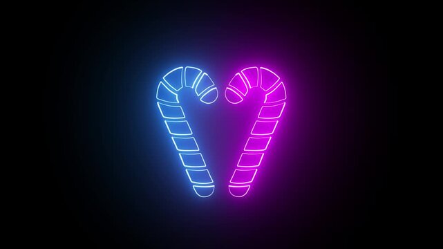 Tow stick lollipop Candy cane Christmas icon neon effect on black background .
