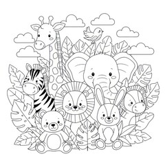 Black and white illustration of cute animals in a jungle environment