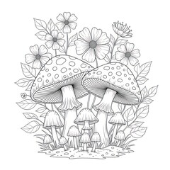 Black and white illustration of mushrooms and flowers in a garden scene