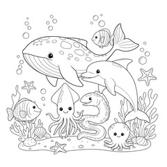 Black and white illustration of oceanic creatures whale dolphin fish squid and others