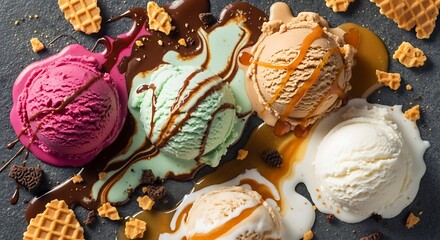 Delicious assorted ice cream scoops melted with chocolate