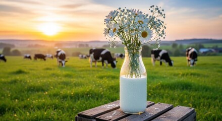 A vase of flowers on a wooden table in a field with cows grazing in the background.