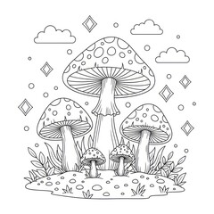 Black and white illustration of mushrooms with decorative elements