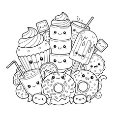 Black and white illustration of various sweet treats and desserts