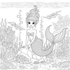 Black and white illustration of a mermaid in an underwater environment