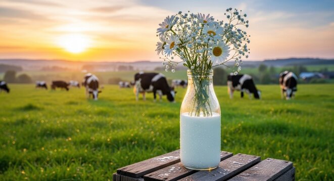 A vase of flowers on a wooden table in a field with cows grazing in the background. - Powered by Adobe