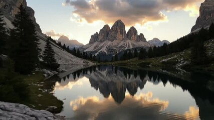 Tranquil mountain lake reflects dramatic clouds and rugged peaks at sunset. - Powered by Adobe