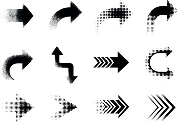 Create Halftone arrow icons, black direction symbol, dotted pointer, curved and straight arrow with fade effect. Navigation or progress sign, dot gradient border, stripe with arrowhead on white 
