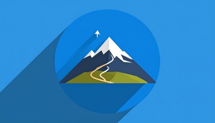 Mountain icon with snow peak, winding path on a green field, blue background with a stylized upward arrow