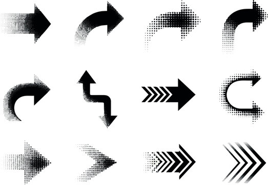 Create Halftone arrow icons, black direction symbol, dotted pointer, curved and straight arrow with fade effect. Navigation or progress sign, dot gradient border, stripe with arrowhead on white 