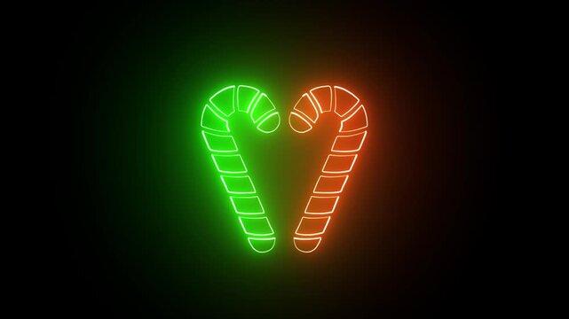 Tow stick lollipop Candy cane Christmas icon neon effect on black background .