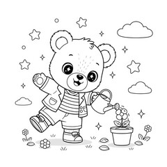 Cartoon bear watering flowers in a garden with stars and clouds