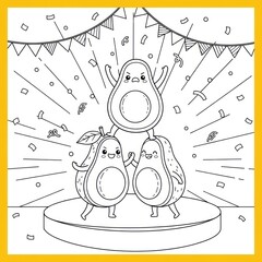 Cartoon avocados celebrating on stage with confetti and banners