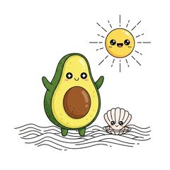 Cartoon avocado character with a cheerful sun and seashell illustration